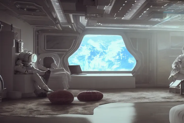 Image similar to photo realistic octane render of a living room in a space station with a sad astronaut looking out the window at earth