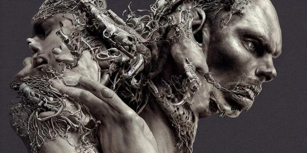 Prompt: hyper realistic photography of a stunningly beautiful cyborg male, intimately holding close, prometheus, in the style of beth cavener, jin kagetsu, and wlop, highly detailed, intricate filigree, symmetry, masterpiece, award winning, sharp focus, concept art, highkey lighting, ambient lighting, octane render, 8 k, artstation