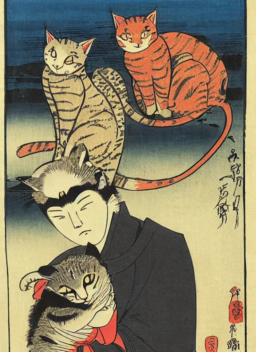 Image similar to a cat with 2 baby cats of utagawa hiroshige