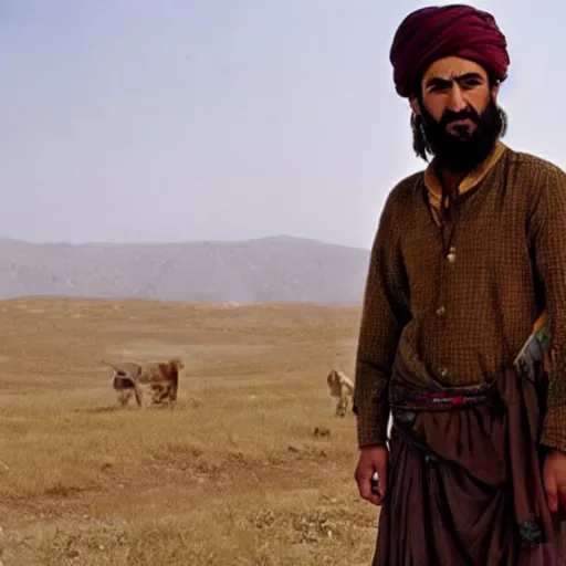 Image similar to Kurdish shepherd wearing Kurdish clothes in a movie directed by Christopher Nolan, movie still frame, promotional image, imax 70 mm footage