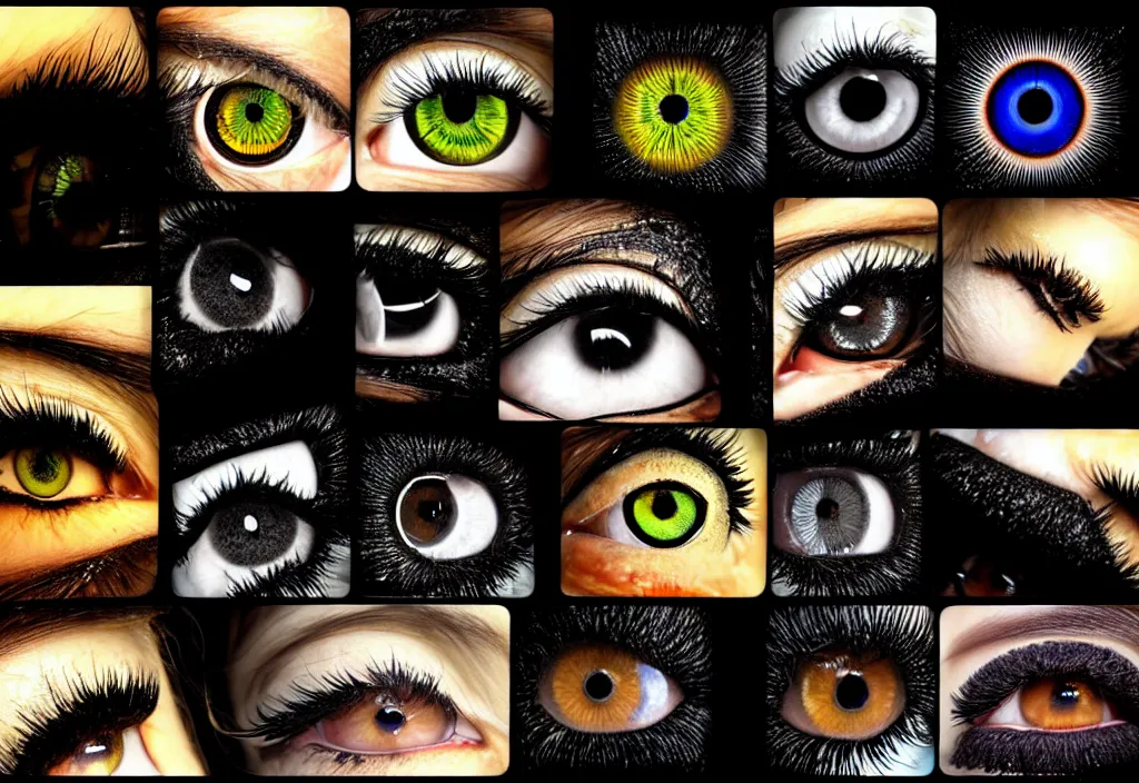 Image similar to grid montage of cube shaped eyes, square shaped black dilated pupils, cube shaped irises, detailed colored textures, eyelashes, advanced art, art styles mix, from wikipedia, wet reflections in square eyes, sunshine light, hd macro photograph, from side, various eyelid positions, square black pupil centered