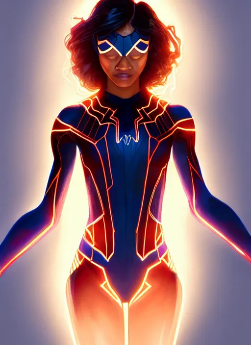 Image similar to zendaya as spider - woman, intricate, elegant, glowing lights, highly detailed, digital painting, artstation, glamor pose, concept art, smooth, sharp focus, illustration, art by artgerm and greg rutkowski, artey freytag