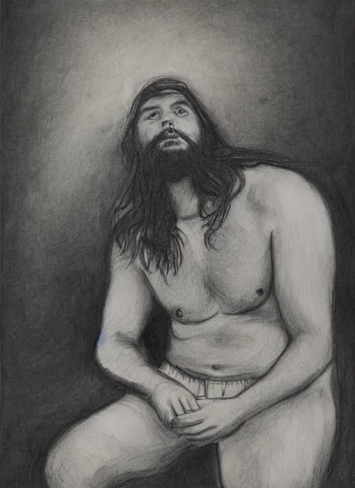 Image similar to portrait of a 23 year old man with long dark hair and a beard looking down on a canvas he is holding on his lap,charcoal drawing, psychedelic, in a minimalistic style