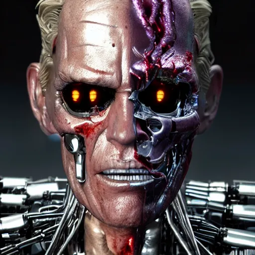 Prompt: donald trump as the terminator full body detailed, ethereal, cyborg biomechanics, covered in blood diamonds and other gems glowing, highly detailed face, evil posed, evil expression, intricate, extremy detailed, beeple, cgsociety, 3 d unreal engine octane render. cinematic lighting, highly detailed 4 k art