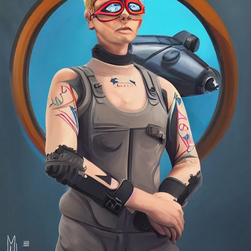 Image similar to painting of square - jawed emotionless serious blonde woman starship engineer, tribal tattoos, handsome, short slicked - back hair, sweating, uncomfortable and anxious, looking distracted and awkward, wearing victorian dark goggles, flight suit and gloves, small spacecraft in background, highly detailed, mike mignogna, trending on artstation