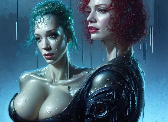 Prompt: portrait shot of christina hendricks in cyberpunk clothed, shiny skin, wet, oily, intricate, elegant, highly detailed, centered, digital painting, artstation, concept art, smooth, sharp focus, illustration, artgerm, tomasz alen kopera, peter mohrbacher, donato giancola, joseph christian leyendecker, wlop, boris vallejo