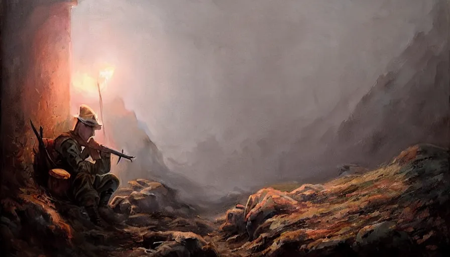 Prompt: beautiful painting of a soldier in a trench waiting for the war to end. cinematic lighting by greg rutkowski,