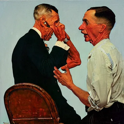 Prompt: an oil painting of two gentlemen arguing , by Norman Rockwell, mashup collage distorded