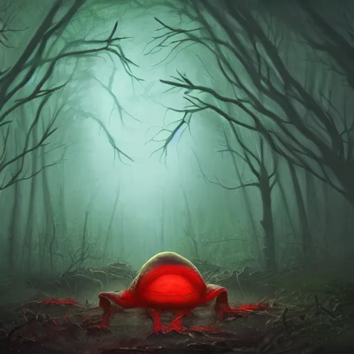 Image similar to giant evil monsterous slimy toad in the dark forest, glowing red eyes, slimy toads, foggy, atmospheric, highly detailed, hyperrealistic, gothic horror, trending on artstation, digital art, dark fantasy