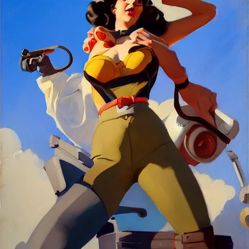 Image similar to greg manchess portrait painting of 1 9 4 0's pinup as overwatch's characters, medium shot, asymmetrical, profile picture, organic painting, sunny day, matte painting, bold shapes, hard edges, street art, trending on artstation, by huang guangjian and gil elvgren and sachin teng