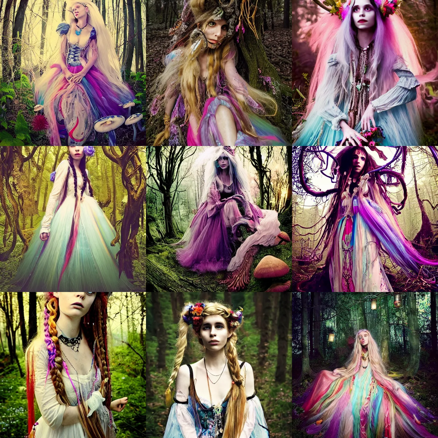 Prompt: Alice in Wonderland, she looks like Grimes, Lana Del Rey and Zoë Kravitz, elaborate long blonde flowing hair with intricate braids, wearing a gossamer dress with tulle and lace, princess sleeves, heavy stacks of pearl necklaces, in an enchanted forest with hen of the woods mushrooms, colorful lanterns, twilight, ethereal, sweet, dreampunk, marbled swirls, gradient, style inspired by shoujo manga, pre-raphaelite painting, John singer Sargent, Botticelli, stunning faeriecore enchanted woods, Tyndall effect, diffraction, dramatic lighting, 4k photorealistic, Arnold render, hyper detailed