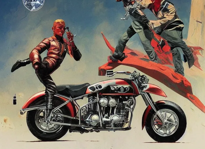 Prompt: ( ( ( ( ( classic vintage motorcycle, motorcycle concept art, sci - fi illustration, painting, in the style of danger diabolik 1 9 6 8 ) ) ) ) ) by vincent di fate and john berkey and danger diabolik!!!!!!!