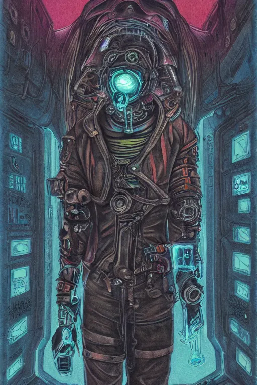 Image similar to cyberpunk occultist eldritch austronaut, colored pencil painting, high detail