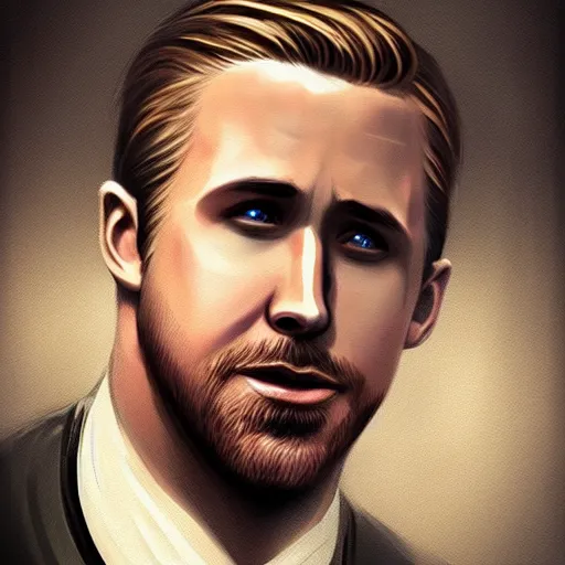 Image similar to “Portrait of Ryan Gosling by Greg Rutkowski, young, attractive, highly detailed portrait, scifi, digital painting, artstation, concept art, smooth, sharp foccus ilustration, Artstation HQ”