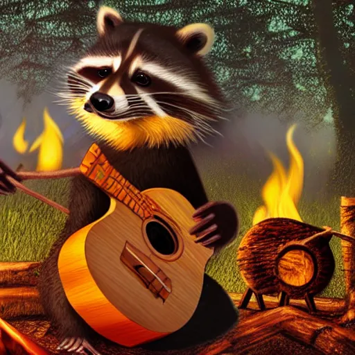 Prompt: a photorealistic raccoon playing a wooden ukulele by a campfire, dark forest in the background