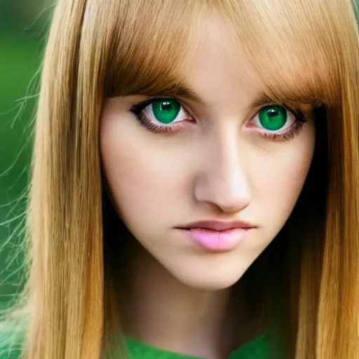 Image similar to brunette with dyed blonde hair, 15 years old, 155 cm tall, long flat hair, blonde, green big eyes, small nose, small mouth, round shaped face, big forehead, lop eared, full body shot, thin eyebrows, real life photograph