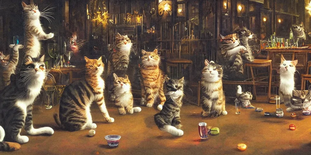 Image similar to A photo of cats having a wild party in a nightclub, very detailed and photorealistic image, beautiful scene