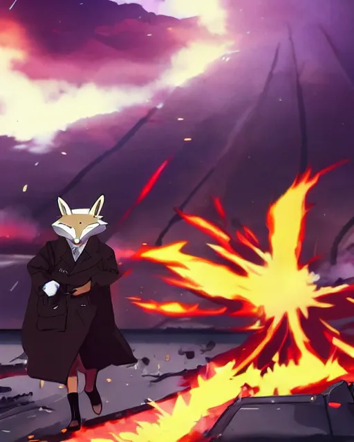 Prompt: a fox in a black trench - coat in front of a huge explosion in the middle of a war, style of anime