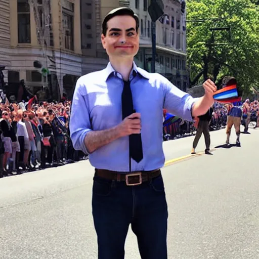 Image similar to ben shapiro participating in a gay parade, full body, high definition, detailed face, detailed body, detailed photo, photo realistic