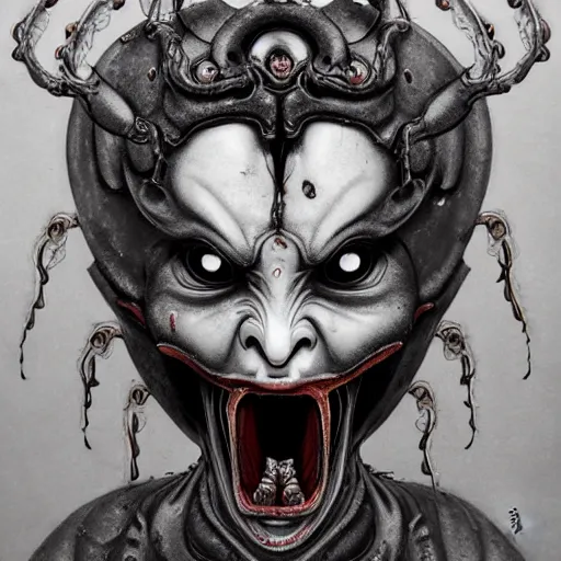 Image similar to naraka buddhist demon korean female, angry female alien, multiple eyes, tubular creature, blood vessels, no face, dystopian surrealism, alex ries zdzisław beksinski, symmetrical long head, smooth marble surfaces, smooth marble surfaces, detailed ink illustration, detailed ink illustration, raiden metal gear, cinematic smooth stone, deep aesthetic