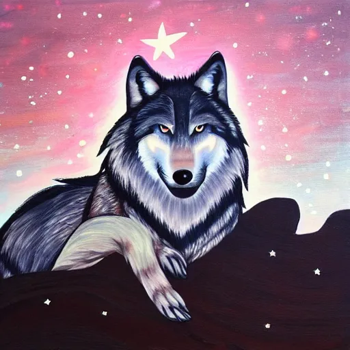 Prompt: wolf okami!!!!!!! resting under a sky full of stars, by a deep!! river, calm, acrylic on canvas, okami, okami, okami, okami, okami, okami, cel shaded, cel shaded, cel shaded, cel shaded