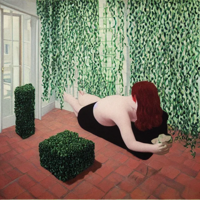 Image similar to a pathology student in her apartment, wrapped in vines, large stones, pig, black walls, black armchair, puddles, moss, acrylic on canvas, surrealist, by magritte and monet