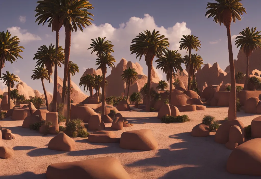 Prompt: futuristic village in a desert, painting, palm trees, octane render, 4 k, rocks, bondfire, anime sky