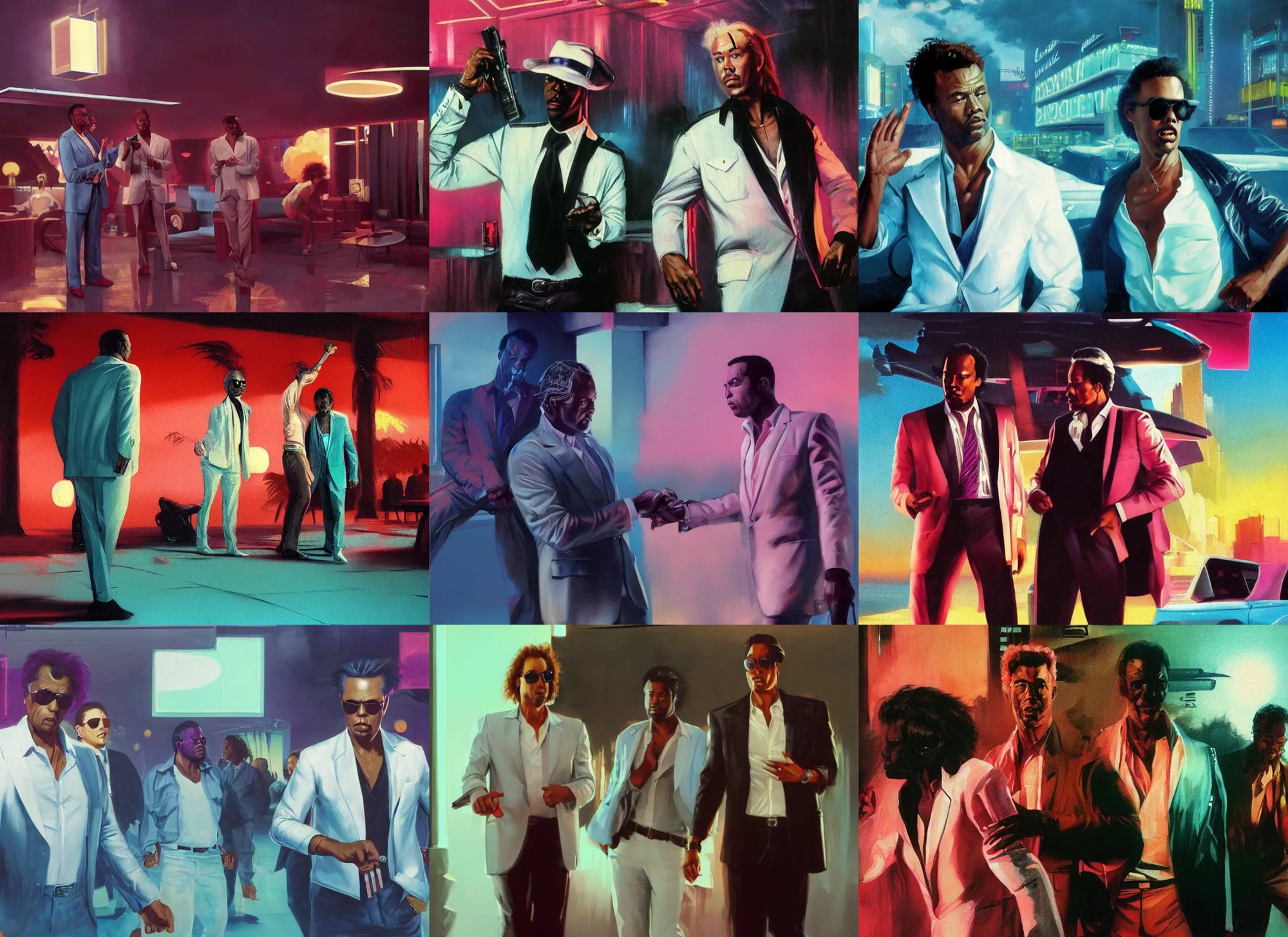 Prompt: a portrait painting of crockett and tubbs in eighties miami vice, night club, ultra realistic, highly detailed faces, true life, 8 k, masterpiece, cinematic, by frank frazetta, greg rutkowski, yoko taro, christian macnevin, beeple, wlop, krenz cushart, epic character art, volumetric lighting