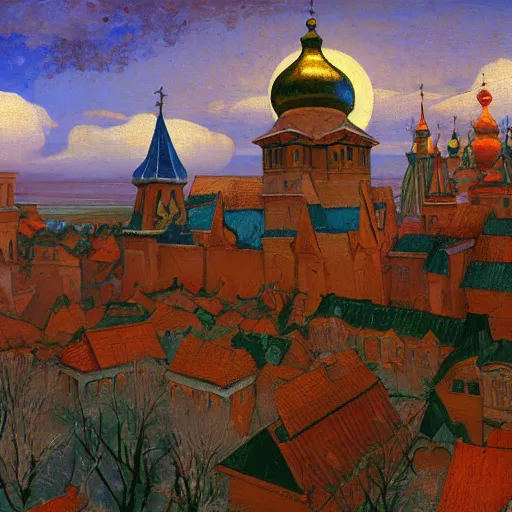Image similar to photo beautiful magical ancient Slavic Russian city of Kitezh, fisheye lens, painting by Viktor Vasnetsov, concept art, magical city, fantasy cityscape, painting by Nicholas Roerich, ancient Slavs, wooden buildings, ancient Russian architecture, terem, hyperborea, top cinematic lighting , cinematic mood, very detailed, 8k, high resolution, trending on artstation, artstationHD,