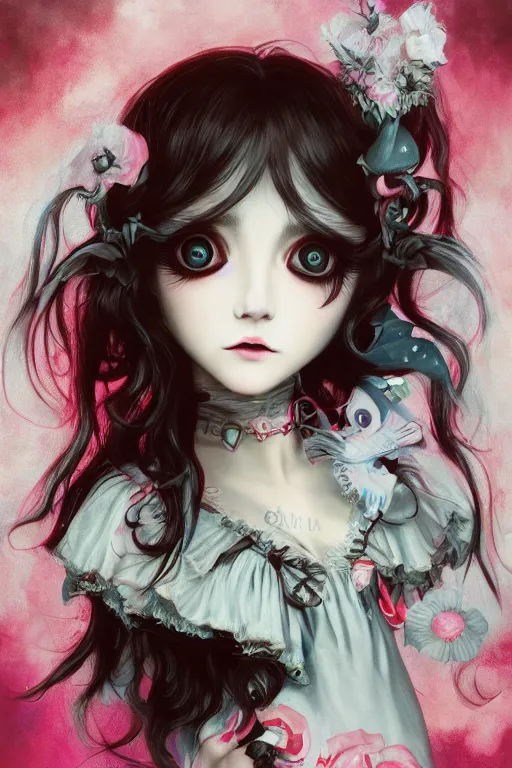 Prompt: Lowbrow pop surrealist Gothic Lolita digital art, painted by Julia Heffernan, Élisabeth Louise Vigée Le Brun, Studio Ghibli, realistic hair, artstation trend, high quality printing, fine art with subtle redshift rendering