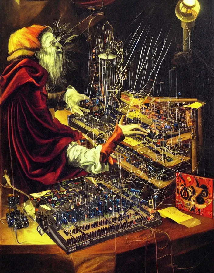 Image similar to chiaroscuro air brush fantasy painting of a medieval court jester playing an ARP 2600 modular synthesizer powered by a tesla coil