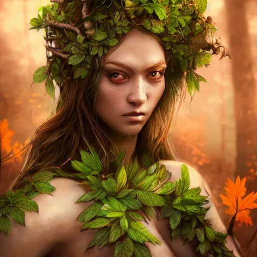 Prompt: high definition digital fantasy character art, hyper realistic face, hyperrealism, elemental guardian of life, forest dryad, woody foliage, woody skin, 8 k dop dof hdr fantasy character art, by aleski briclot and alexander'hollllow'fedosav and laura zalenga