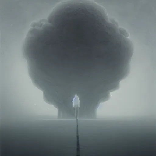 Image similar to a painting of a person standing in the snow, a surrealist painting by zdzisław beksinski and by alena aenami, deviantart, nuclear art, dystopian art, apocalypse landscape, surrealist