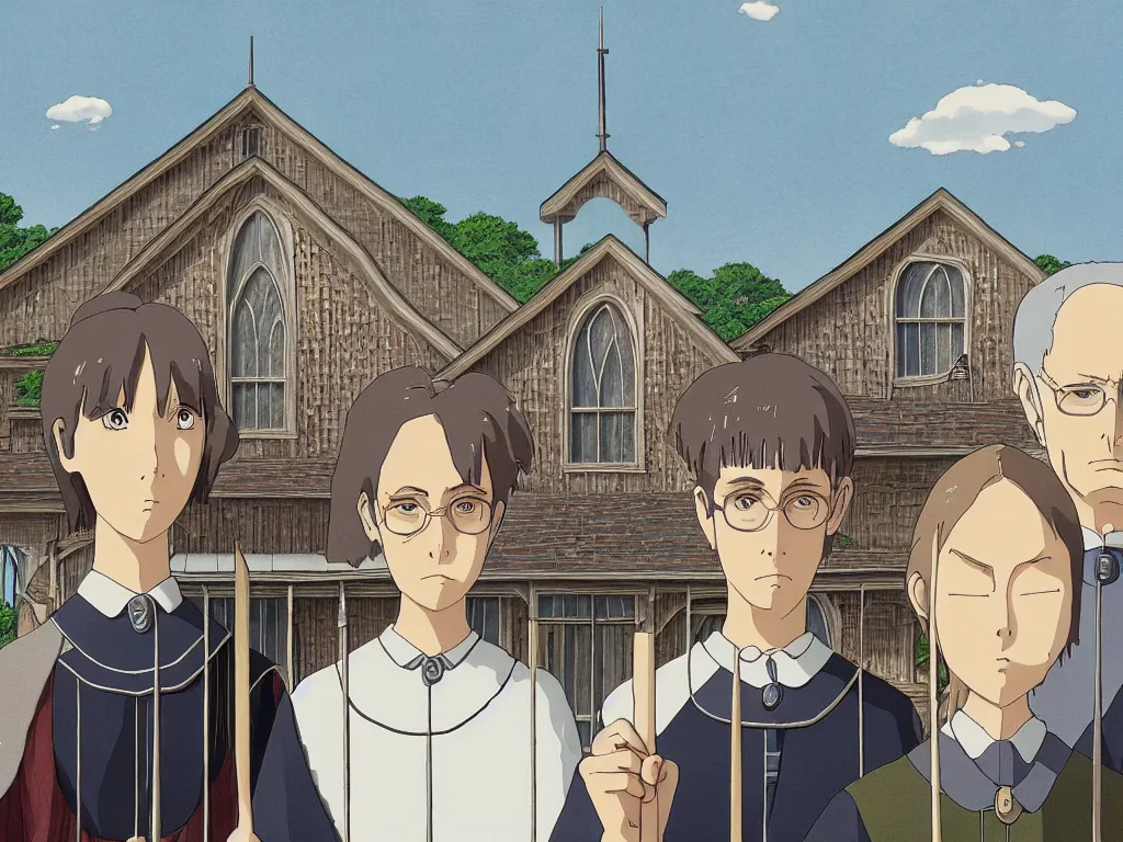 Image similar to american gothic in detailed studio ghibli anime style