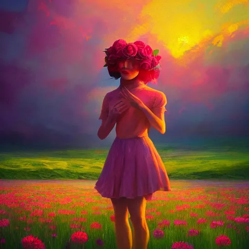 Image similar to rose head, girl floating in a flower field, surreal photography, sunrise dramatic light, impressionist painting, colorful clouds, digital painting, artstation, simon stalenhag