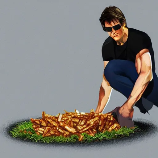 Image similar to tom cruise planting fries in the ground, digital art, highly - detailed, artstation cgsociety masterpiece