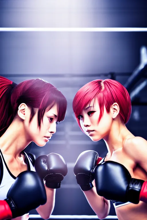 Image similar to two beautiful identical female fighters facing each other in the gym, dim lighting, gorgeous features, high definition, sharp focus, detailed digital anime art