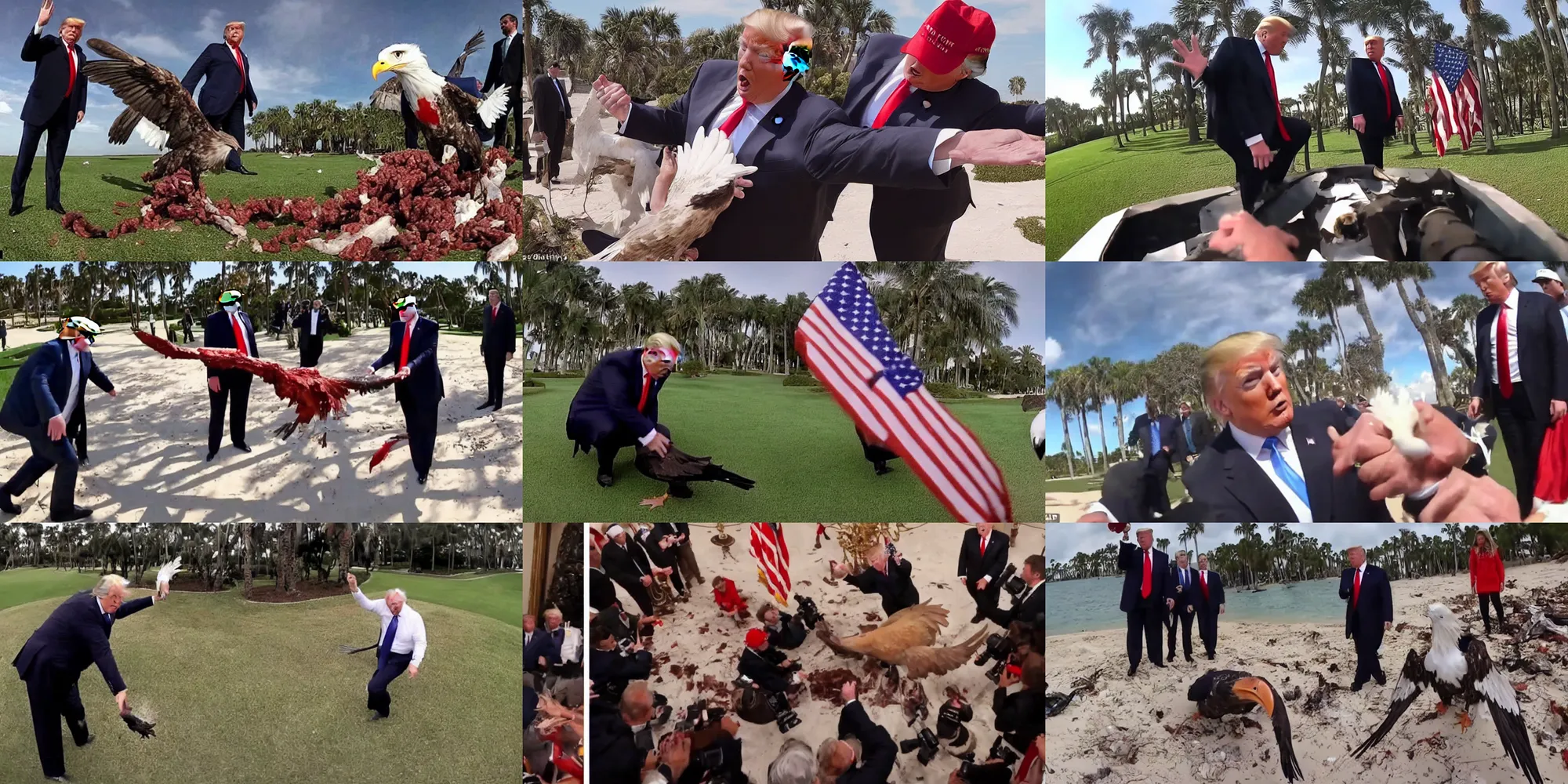 Prompt: gopro footage of donald trump being mangled by an eagle at mar - a - lago, blood and bone, ground beef