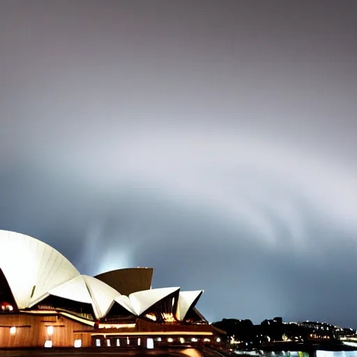 Image similar to a huge tornado going through the sydney opera house, photorealistic, handheld