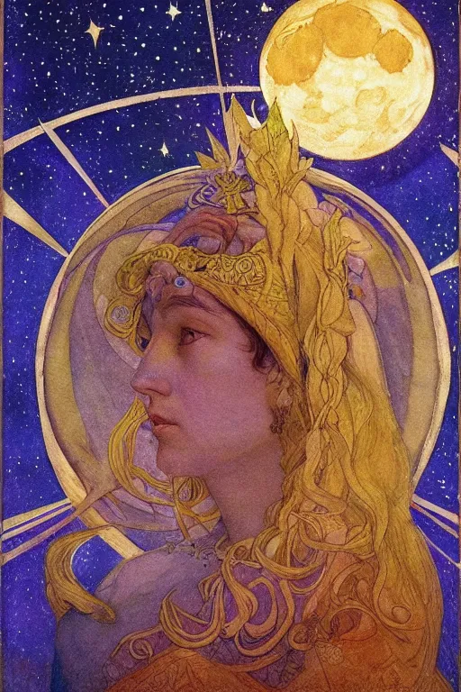 Image similar to queen of the moon with stars in her hair, by nicholas roerich and annie swynnerton and donato giancola and dulac, dramatic lighting, god rays, geometric tattoos, rich colors, smooth sharp focus, extremely detailed, leo and diane dillon, adolf wolfli