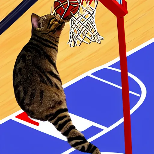 Prompt: Cat dunking a basketball by Kael Ngu, 4k