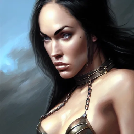 Image similar to portrait of megan fox, muscular upper body, slave collar, bikini, fantasy, intricate, elegant, highly detailed, digital painting, artstation, concept art, matte, sharp focus, illustration, art by aenaluck and roberto ferri and greg rutkowski, epic fantasy, digital painting