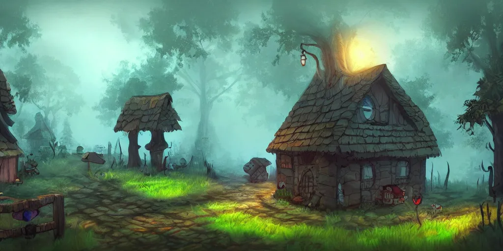 Image similar to village in the woods, ominous mist, high quality masterpiece acclaimed 2 d platformer, artstation