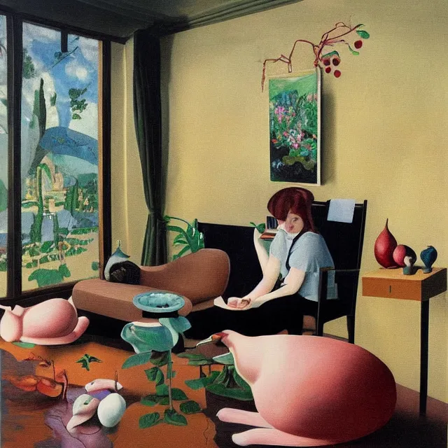 Image similar to female emo art student in her lounge room, painting of flood waters inside an artist's loungeroom, a river flooding indoors, pomegranates, pigs, ikebana, water, octopus, river, rapids, waterfall, black swans, canoe, berries, acrylic on canvas, surrealist, by magritte and monet