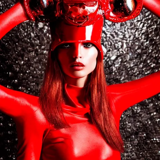 Image similar to close up of a female fashion model in year 3000 in a cave, model wearing a surreal Avant-garde helmet in red, dramatic lighting,photography , official Versace editorial , highly detailed