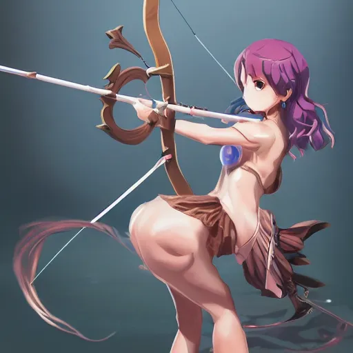 Image similar to an anime woman in an outfit made of water is doing a trick with bow and arrow, concept art by senior character artist, polycount contest winner, process art, concept art, 2d game art, full body, mid shot, artstation hd