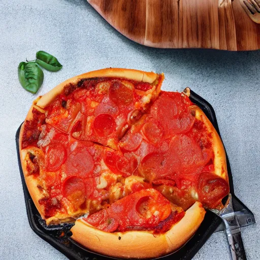 Image similar to a professional promotional photo of gorgeous chicago style deep dish pizza, delicious!! slice, award winning