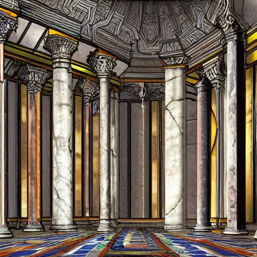 Prompt: Massive hall of marble collonades in a forgotten ancient temple with stained glass windows. Torches placed at every pillar enlightening the way to an ornate throne of crimson. fantasy, concept art