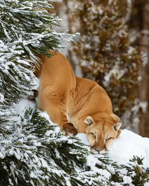 Image similar to magazine showing 'a cougar sleeping in the middle of snowy pine tree' laying on coffee table, zoomed out, HD, iphone screenshot