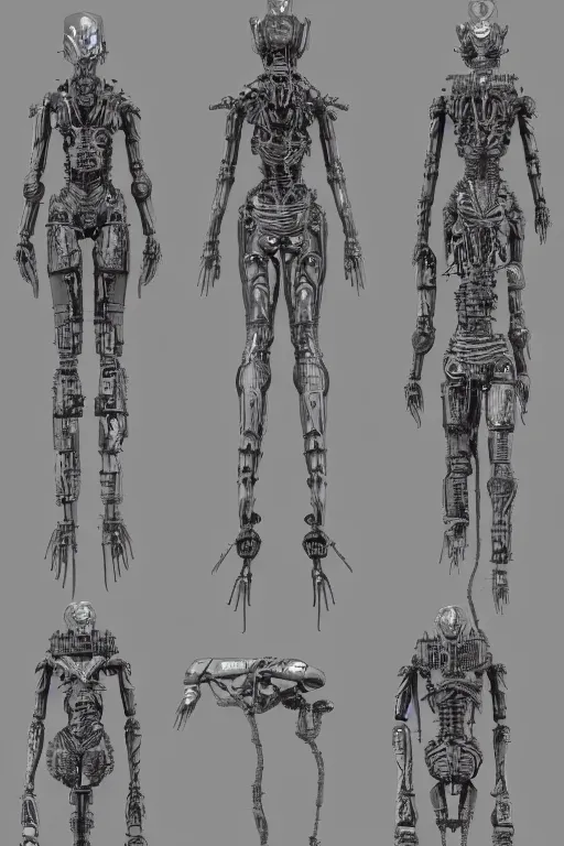 Image similar to andriod hindu goddess with gunmetal grey skin, medical anatomy, very symmetrical face, highly detailed, japanese mecha, three - perspective / three - view reference sheet ( front / back / side ), in the style of dan ouellette, dren from splice, hr giger, sil from species, artstation, unreal engine